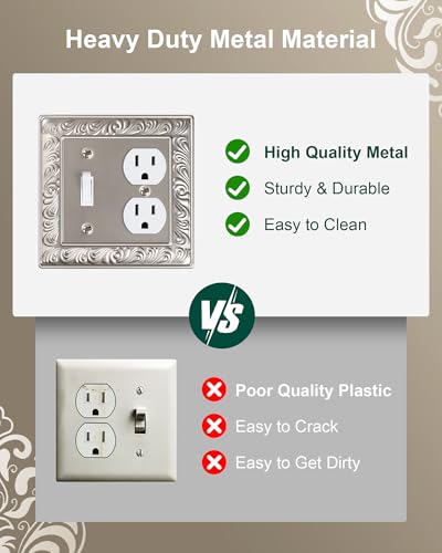 2-Pack Paisley Pattern Metal Combo Toggle/Duplex Light Switch Cover Plate | Decorative Wall Outlet Cover Plate, 2 Gang Metal Wall Plates for Electrical Outlets, Light Switch, Satin Nickel - color: Satin Nickel, size: 1 Toggle/1 Duplex 2PK
