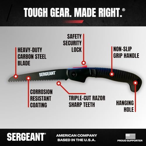 SERGEANT Folding Hand Saw with Pouch. Pruning hand saw. Best for Wood, Bone, PVC, Tree Pruning, Gardening, Camping, Hunting, Outdoors, Tool Box. Rugged 7" Steel Blade & Slip-Resistant Rubber Grip.