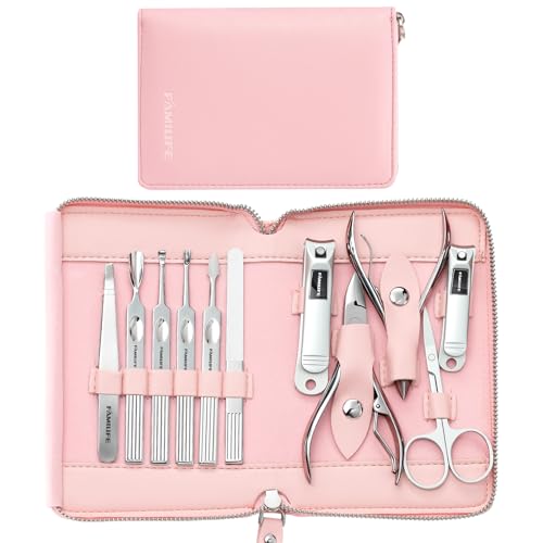 FAMILIFE Stainless Steel Manicure Set 11-in-1 Professional Nail Clipper Kit | Portable Leather Travel Case, Pedicure & Grooming Tools for Fingernails & Toenails, Luxury Gifts Set for Men & Women, Pink - color: Pink