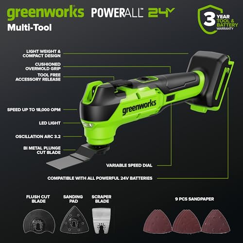 GREENWORKS 24V (5-TOOL) Combo (Drill + Impact Driver + Circular Saw + Multi-Tool + Flashlight), 4.0Ah + 2.0Ah (24,000mAh Power Bank) Batteries, (2) Cables, 65W Rapid Charger - size: 5PCS Combo Kits