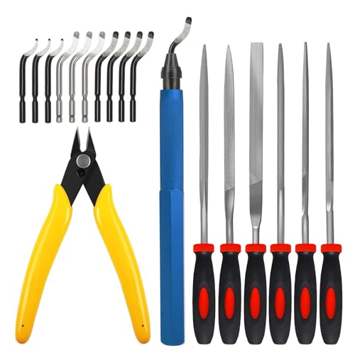 VASTOOLS 18Pcs 3D Printer Deburring Tool Kit - 10 Interchangeable Blades, 6 Needle Files & Micro Wire Cutter for 3D Printing, Resin, Plastic Models & DIY Crafts