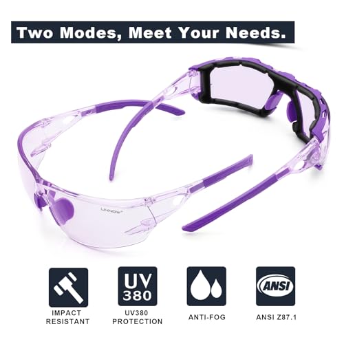 UKNOW Safety Glasses - Anti Fog Wraparound Lenses - Removable Foam Gasket - ANSI Z87.1 Protective Eyewear - Impact Resistant - color: Purple With Light Tint