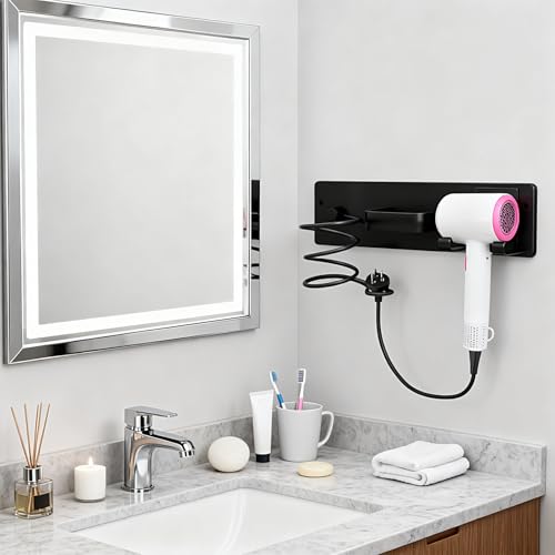 Hair Dryer Holder Wall Mounted 3 in 1 Bathroom Hair Tool Organizer Rack with Curling Iron Holder & Flat Iron Holder Blow Dryer Holder for Universal Dryer, Matte Black