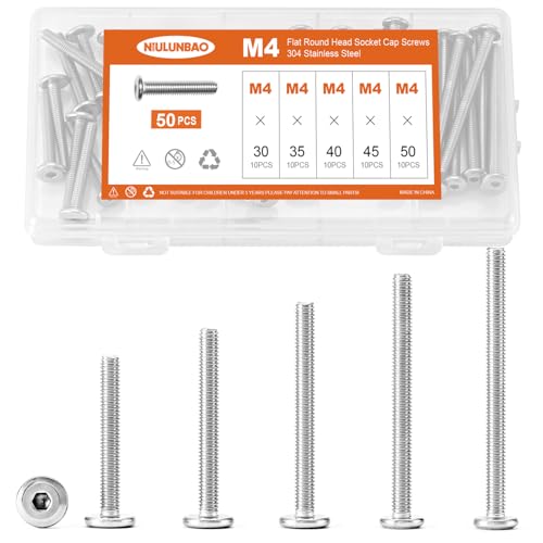 M4 x 30mm 35mm 40mm 45mm 50mm Flat Round Head Hex Socket Cap Screws Bolts, Furniture Screws, 304 Stainless Steel, Allen Hex Drive, Bright Finish, Metric Fully Threaded, Assortment Kit 50PCS - size: M4 x 30/35/40/45/50mm (50PCS)