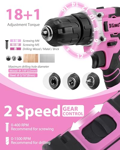 KingTool 267-Piece Tool Kit Set - Pink Tool Set with 21V Cordless Pink Power Drill Driver, Tool kit for Women with Pink Tool Storage Bag, Womens Tool Kit for House, Perfect for Home DIY Projects