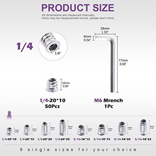 Swpeet 50Pcs 1/4"-20 x 10mm White Zinc Plated Carbon Steel Carbon Furniture Screw in Nut Threaded Wood Inserts Threaded Inserts Bolt Fastener Connector Hex Socket (1/4-20 x 10mm) - size: 1/4-20 x 10mm