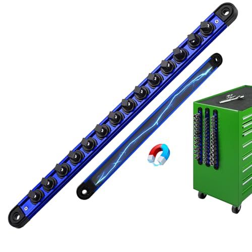 3/8-Inch Magnetic Socket Organizer Rail, Aluminum Alloy Socket Rail, Heavy Duty Sockets Holder with 14 Clips, 360° Swivel Clip Tool Tray, Sockets Organizer for Tool Box Drawer (Blue) - style: Blue 3/8-inch