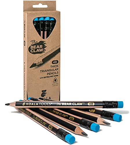 KOALA TOOLS | Bear Claw Pencils 1-Pack (6 Pencils) - Fat, Thick, Triangular Grip, Extra-Fat 4B Graphite Core with Eraser - Suitable for Kids, Art, Drawing, Drafting, Sketching & Shading - style: 4B Lead