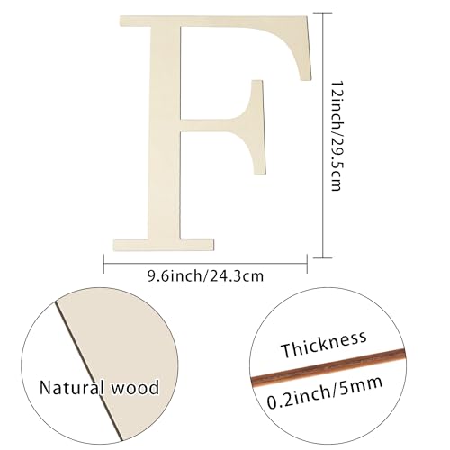 12 Inch Large Wooden Letters F for Wall Decor Unfinished Wood Letter Cutout | Paintable Alphabet Letter for DIY Wood Crafts Project 1/5 Inch Thick Cutouts Birthday Wedding Party Home Name Sign Decoration - color: F