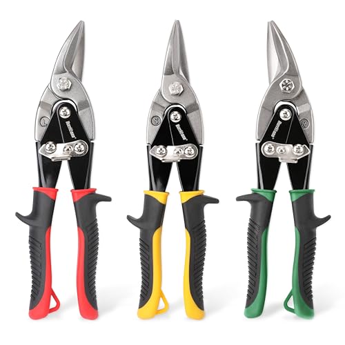 HURRICANE 3 pc Aviation Tin Snips Set, 10 Inch Metal Shears for Straight, Left & Right Curves, Cr-V Steel Blades, Non-Slip TyreGrip Handle, Safety Latch, for Sheet Metal, Gutter, HVAC, DIY - size: 3 Piece Regular Set: Straight, Left, Right