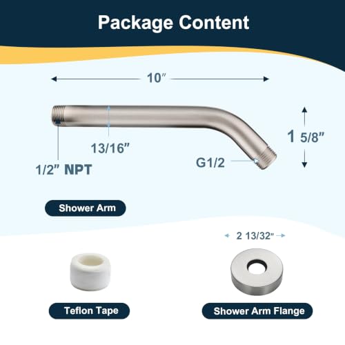 BRIGHT SHOWERS Shower Arm with Flange 10 Inches Solid Brass Shower Head Extension Arm, Wall Mounted Shower Pipe Arm for Rainfall Shower Head and Handheld Showerhead, Brushed Nickel - color: Brushed Nickel, style: Basic 10 Inch