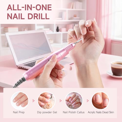Professional Nail Drill, 45000RPM Rechargeable Cordless Electric File,Pink - color: Pink