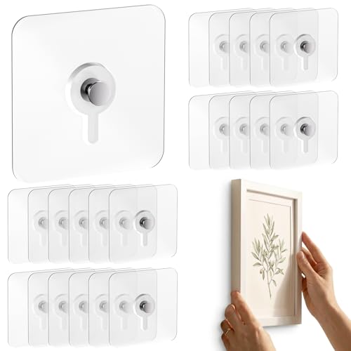 22 Pcs Adhesive Picture Hooks, 25 Ibs Load Heavy Duty Self Adhesive Wall Hooks for Hanging, Waterproof Picture Hangers Without Nails for Bathroom Kitchen, Transparent Sticky Hooks for Frames