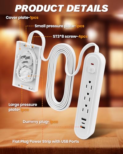 Saker 8ft Surge Protector, 3 Outlets, 3 USB, Flat Plug, White - style: 8ft Surge Protector with USB Ports