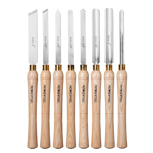 POWERTEC 8 Pcs Wood Lathe Chisel Set, HSS Steel Blades Wood Lathe Tools | Spindle Gouge, 2 Pcs Roughing Gouge, Spear Scraper, Round Nose Scraper, Parting Tool, 2 Pcs Skew Chisel (71824) - style: 8pcs set