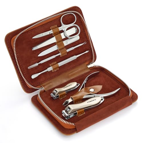 FAMILIFE Stainless Steel Manicure Set 8-in-1 Professional Nail Clipper Kit | Portable Leather Travel Case, Pedicure & Grooming Tools for Fingernails & Toenails, Luxury Gifts Set for Men & Women, Brown - color: Brown-1