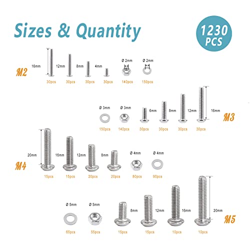 KADRICK 1230PCS Metric Screw Aassortment Kit,Stainless Steel M2-M5 Bolts - size: SS M2-M5 1230Pcs