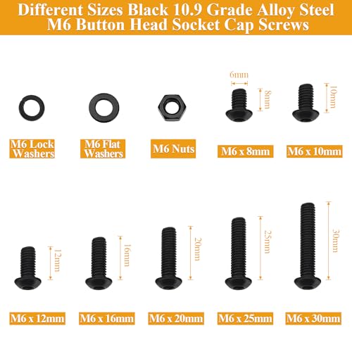 172 Pieces M6 Screws Nuts Washers Set Black, Sutemribor M6 x 8/10/12/16/20/25/30mm Button Head Socket Cap Screws Nuts Washers Assortment Kit, 10.9 Grade Alloy Steel, Fully Threaded - size: M6 Screws Kit, style: Button Head