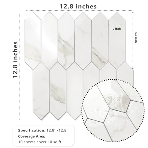 Vamos Tile Glossy White Marble Backsplash Tile Peel and Stick, 12.8 x 12.8 Inch 10 Sheets Long Hexagon PVC Self Adhesive Mosaic Wall Tiles Stick on Backsplash for Kitchen and Bathroom - color: Glossy White Marble