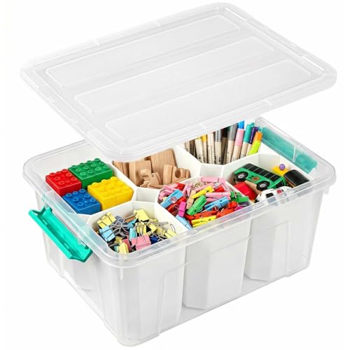 EOENVIVS Clear Storage Boxes with 6 Tall Inserts, Large Plastic Organizer Box with Lid and Handles, 15.94x11.61x7.28 Inches, Multi-Functional Container for Cosmetics, Toys, School Supplies - color: Clear+Light Green