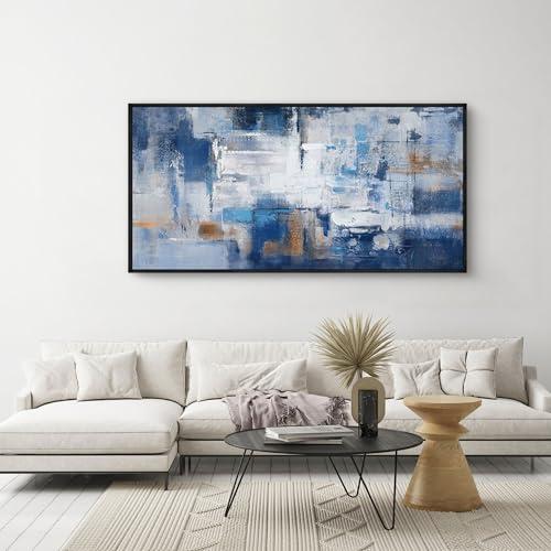 KLAKLA Blue Abstract Canvas Wall Art - Black Frame Artwork Picture Living Room Wall Decor Modern Paintings Large Wall Art for Bedroom Home Decoration - color: Blue-White-Gray + Black frame, size: 40"L x 20"W