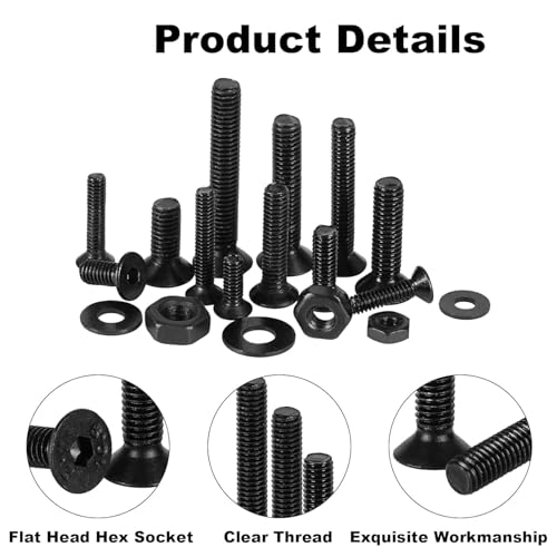 900PCS Flat Head Hex Socket Cap Screws Assortment Kit, Small M2 M2.5 M3 Bolts and Nuts Washers Set, Allen Head Machine Screws, 10.9 Grade Alloy Steel Black, Fully Threaded, Come With Hex Wrench