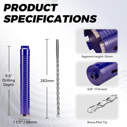 1-1/2" Core Drill Bit with Pilot Bit & Adapters(SDS Plus and 1/2" Hex), 5/8"-11 Thread, 9.5" Depth, Upgraded-Welded Segments Diamond Core Bits for Concrete, Masonry, Brick Block - size: 1-1/2"