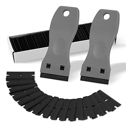 FOSHIO 2PCS Plastic Razor Blade Scraper Tool and 100PCS Plastic Blades for Gasket Remover, Sticker Remover, Labels Decal and Adhesive Remover for Windows and Glass (Grey) - color: Grey