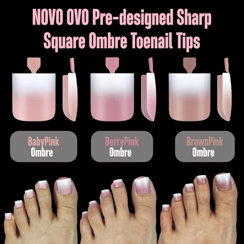 NOVO OVO Ombre French Tip Press on Toe Nail Tips, Sharp Square Pre-Designed Soft Gel False Toenail Extension, BABY PINK Pre-applied Tip Primer & Base Coat, Full Cover Acrylic DIY x 15 Sizes 240 pcs - color: Sharp Square Ombre Baby Pink