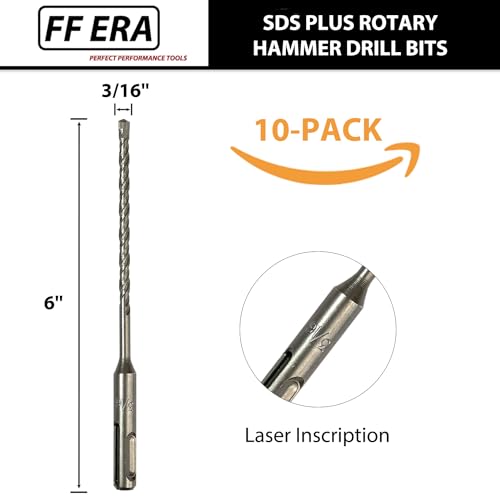 10-Pack SDS Plus 3/16" x 6" Rotary Hammer Drill Bits, Carbide Tipped for Brick, Stone and Concrete - size: 3/16" x 6" (10-Pack)