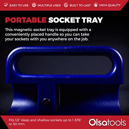 Olsa Tools Magnetic Portable Socket Organizer Tray - 1/2-Inch Drive - Blue Holder for Deep & Shallow Sockets - Fits up to 1-3/16" SAE or 30mm Metric - Storage Rack - Part 1080 - color: Blue, size: 1/2-Inch Drive