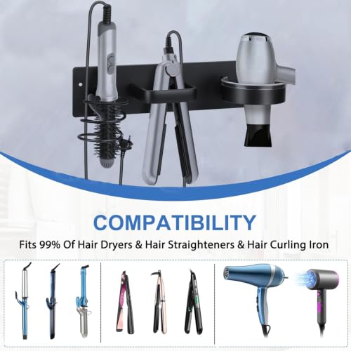 3-in-1 Aluminum Hair Dryer Holder, Matte Black Styling Tools Rack | No Drill Heat Resistant Wall Hair Tool Stand for Blow Dryer, Flat Iron & Curling Iron, Bathroom Rental Homes, No Wall Damage - size: B