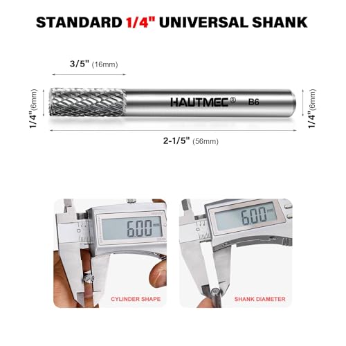 HAUTMEC Tungsten Carbide Rotary Burr Bit YG6, 1/4" Shank Double Cut Die Grinder Bit, Low Vibration Precision Rotary File for Metal Grinding, Engraving & Deburring (6MM Cylindrical), HT0196 - color: Cylindrical, size: 6mm