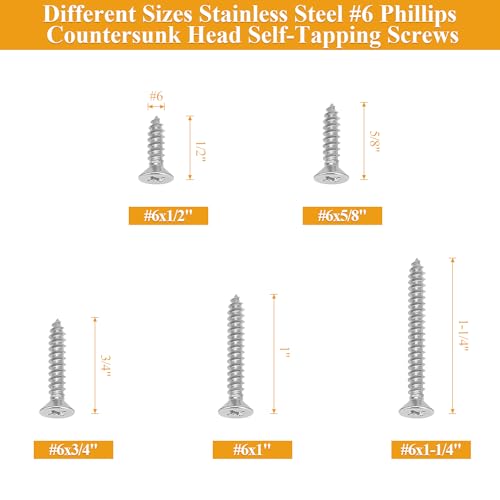 165 Pieces #6 x 1/2" 5/8" 3/4" 1" 1-1/4" Wood Screws Set, Phillips Countersunk Head #6 Self-Tapping Screws Assortment Kit, 304 Stainless Steel - size: #6, style: Phillips Countersunk Head