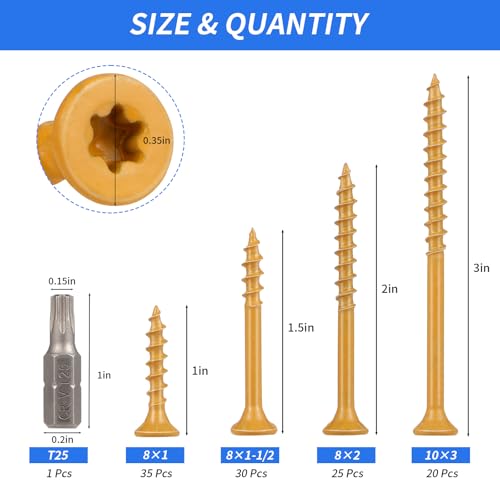 Outdoor Wood Deck Screw Kit, Bronze Rust-Resistant Epoxy Coated, T25 Star Drive (Bit Included), 110-Piece Assorted Set, Heavy-Duty for Timber/Log/Landscaping, Exterior Use