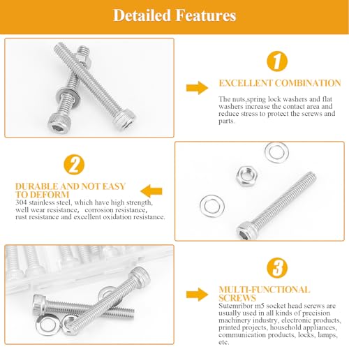 95 Pieces M5 x 30/35/40/45/50mm Hex Socket Head Cap Screws Nuts Washers Set Silver, Sutemribor M5 Long Screws, M5 Stainless Screws Nuts Washers Assortment Kit, 304 Stainless Steel, Fully Threaded - size: M5 Long Screws Kit, style: Socket Head
