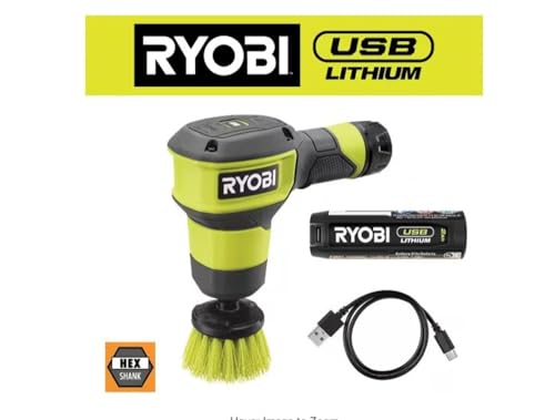 RYOBI USB Lithium Compact Scrubber Kit with 2.0 Ah Battery, USB Charging Cord, and 2 in. Medium Bristle Brush, Green