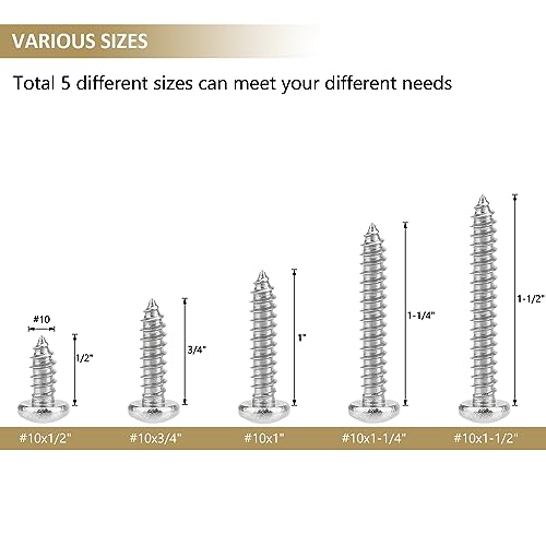104 Pieces #10 x 1/2" 3/4" 1" 1-1/4" 1-1/2" Phillips Pan Head Self-Tapping Screws, Wood Screws Assortment Kit, 304 Stainless Steel - size: #10
