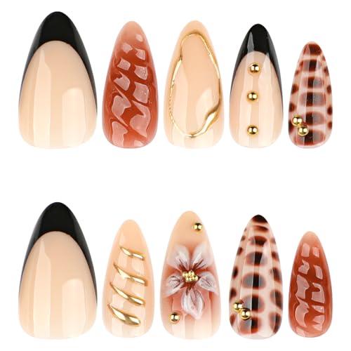 Mivota Brown Soft Gel Press On Nails 24PCS – Mixed Texture Almond Fake Nails with 3D Flower Design, Gold Edge & Snake Pattern, Glossy Reusable Glue On Nails for Women, Trendy Fall Nail Tips - color: 3D-62-Black French Gold Lines