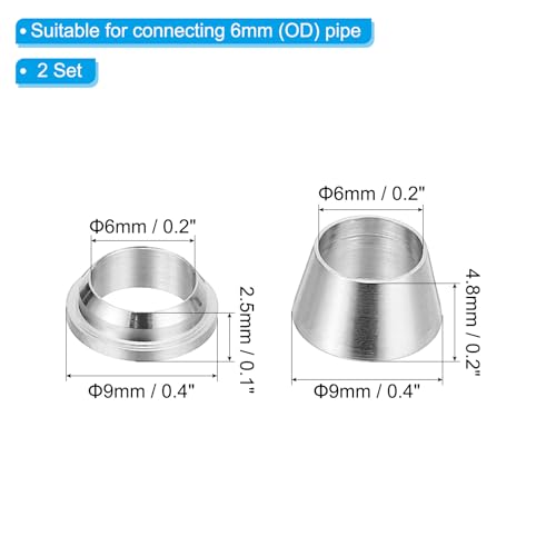 PATIKIL 6mm Tube OD 316 Stainless Steel Compression Tube Fitting Sleeve, 2 Pack Double Ferrule Ring Tubing Fitting Assortment Kit, Silver - size: 6mm