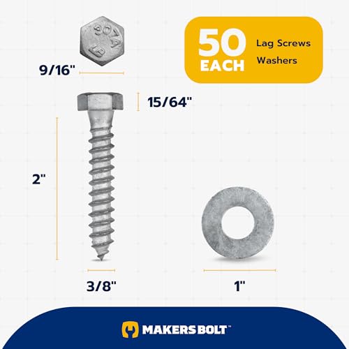 3/8 x 2 (50 Pack) Lag Screw Kit, 50 Screws and 50 washers, Hot Dip Galvanized, Meets ASME B18.2.1 Industrial/Commercial Grade by Makers Bolt - size: 3/8 x 2