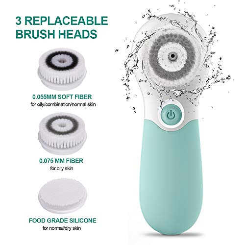 Facial Cleansing Brush Electric Facial Exfoliating Massage Brush with 3 Cleanser Heads and 2 Speeds Adjustable for Deep Cleaning, Removing Blackhead, Face Massaging - color: Green