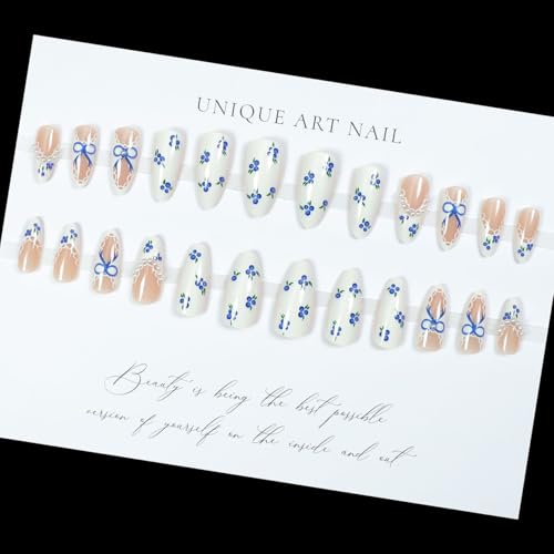 LPOODDNU Blue White Press on Nails Almond - Medium Blueberry Lace French Pearl Design Fake Nails, Glossy Finished Reusable False Nails with Adhesive Glue Tabs - 24Pcs Nail Kit for Women Manicure - color: blue white blueberry