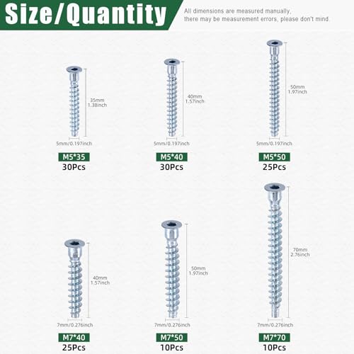 Keadic 130Pcs Confirmat Screws, Hex Socket Drive Countersunk Self-Tapping, Blue & White Zinc Plated Furniture Contecting Screw for Industrial and Scientific, M5 x 35mm/40mm/50mm, M7 x 40mm/50mm/70mm - color: Blue & White Zinc, size: NO.2