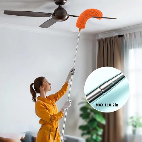 Cobweb Duster with Extension Pole,Cleaner Outdoor 110" Telescoping Extended Sspider Brush, Dusting Kit,Long Handle Reach for High Ceilings and Fans,Microfiber Webster Remover Tools Feather Dusters - color: Orange
