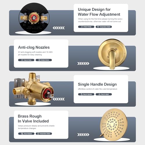 Shower Faucet with Valve, Bathroom Shower Faucet Kit, Solid Brass Shower Head Faucet Set Complete, Single Handle Rain Shower Head Trim Kit for Bathroom, Brushed Gold - color: Brushed Gold