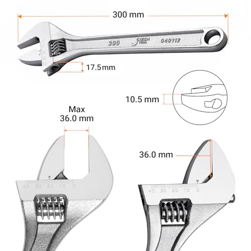 Jetech 12-Inch Adjustable Wrench - Professional Heavy Duty Chrome Vanadium Steel Shifter Spanner with Inch/Metric Scale Wide Caliber Opening - size: 12 Inch