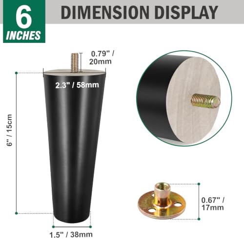 FoDau770 Rubber Wood Legs 6", Straight Taper, 5/16"-18 Thread, Black, 4pcs | Wood Couch legs - Mid Century Sofa Legs - Furniture legs Replacement for Cabinet Dresser Chair Ottoman - color: Black, size: 6 Inch - Straight (90°)