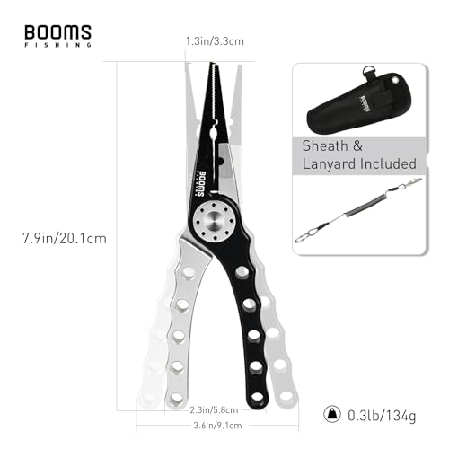 Booms Fishing X1 Aluminum Fishing Pliers Saltwater, Surf Fishing Tackle Kit, Fishing Multitool Hook Remover Braided Fishing Line Cutting and Split Ring with Coiled Lanyard and Sheath - color: Black&silver