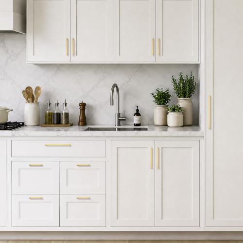 Ravinte Brushed Gold Kitchen Cabinet Solid Handles,4 Inch,5 Pack - color: Brushed Gold, size: 4 Inches Hole Center